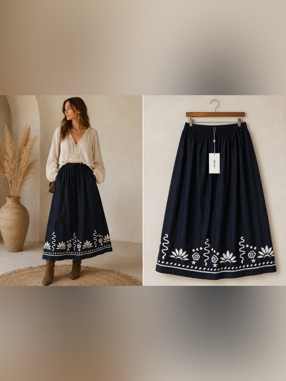 Cleobella Ashleen Embroidered Midi Skirt Black White Organic Cotton S NWT $228
